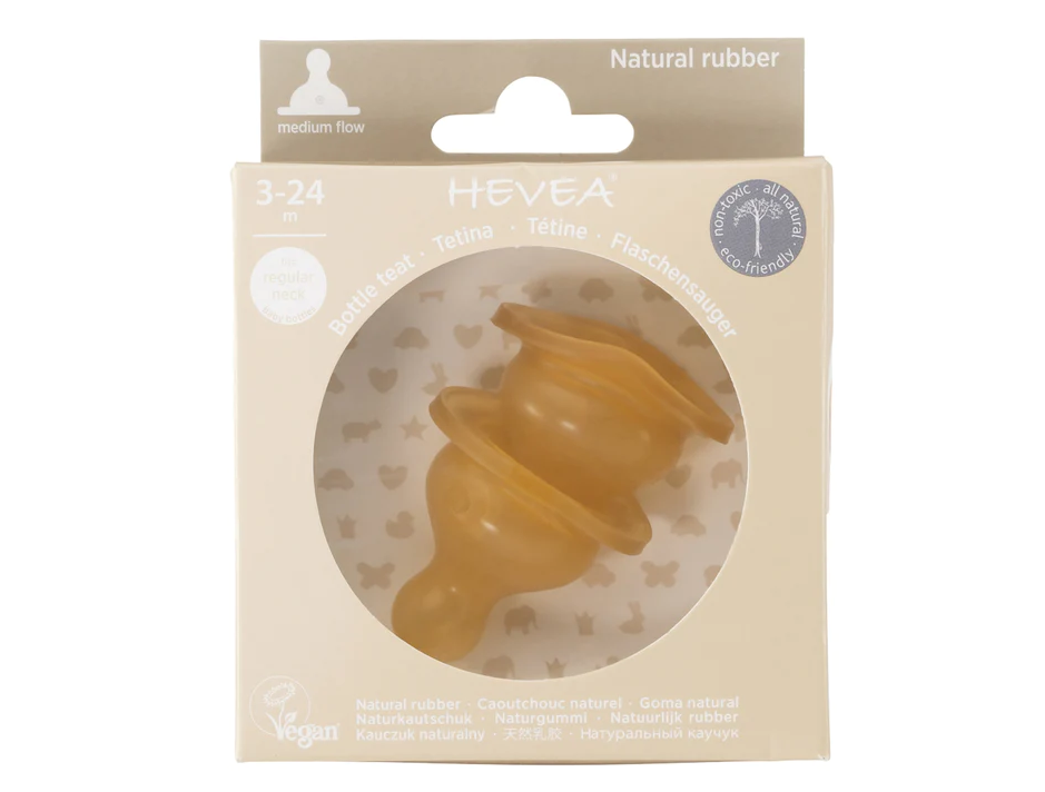 Hevea Flasknapp i Naturgummi 2 st, Medium Flow 3-24 mån