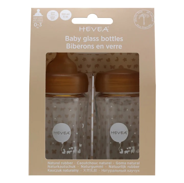 Hevea Wide Neck Nappflaska i glas, 150 ml 2-pack