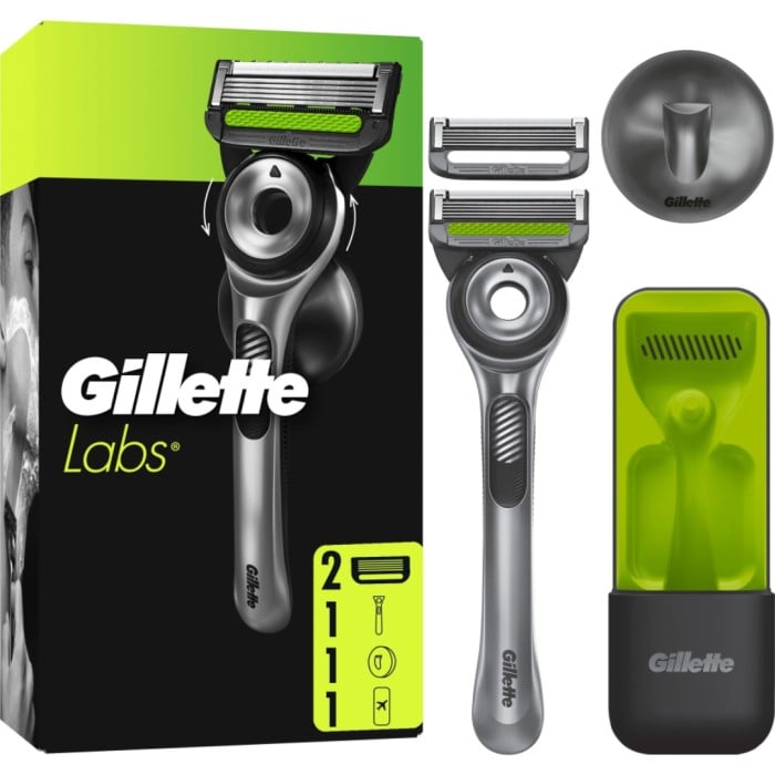 Gillette Labs Rakhyvel med Exfoliating Bar, 2 rakblad, magnetiskt ställ & resefodral