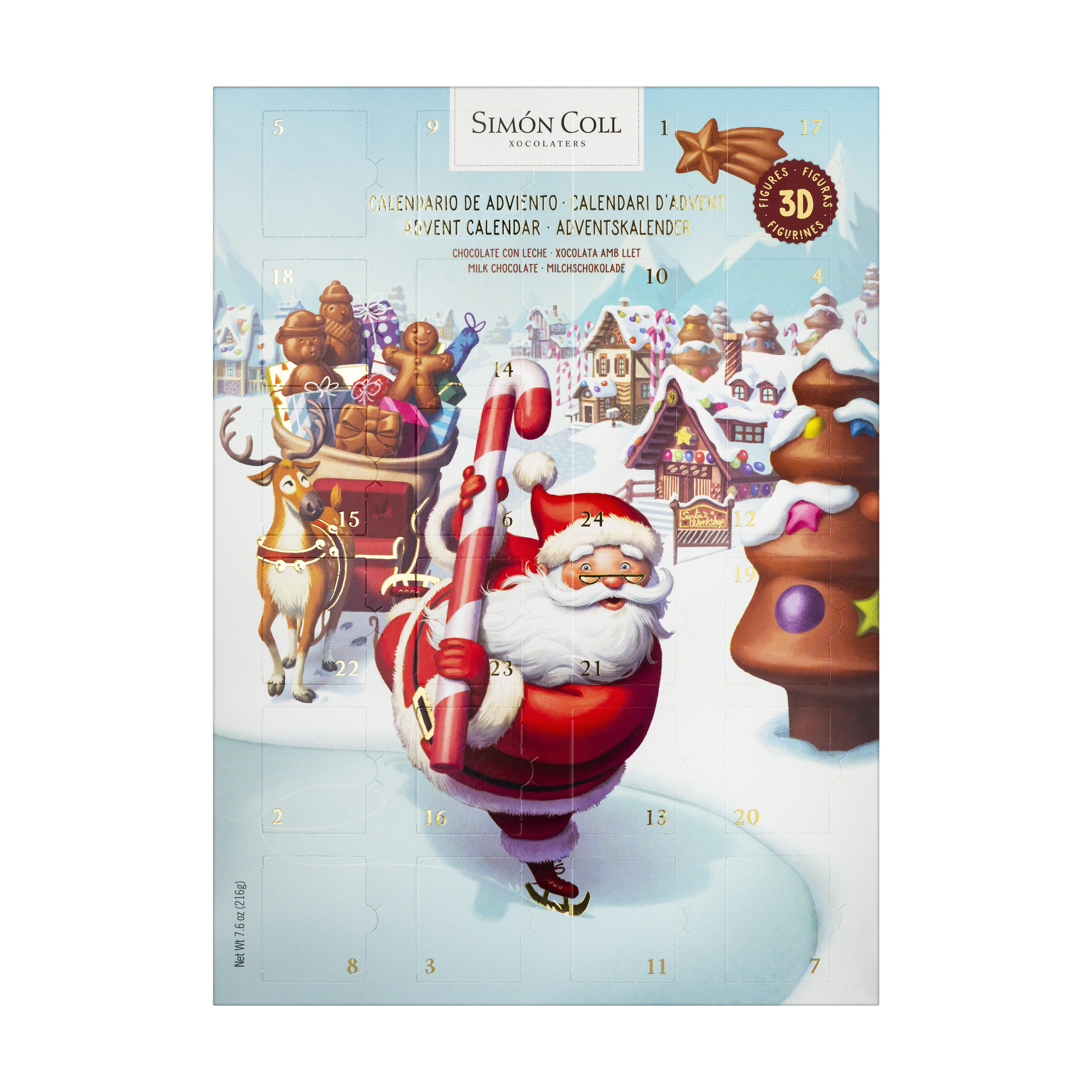 Simon Coll Adventskalender Tomte på hal is 24 luckor, 3D vinterfigurer i ljus choklad 216g