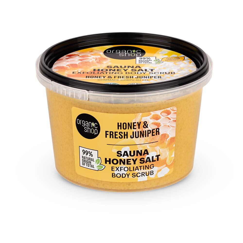 Organic Shop Sauna Honey Salt Exfoliating body scrub Honey & Fresh Juniper 250ml