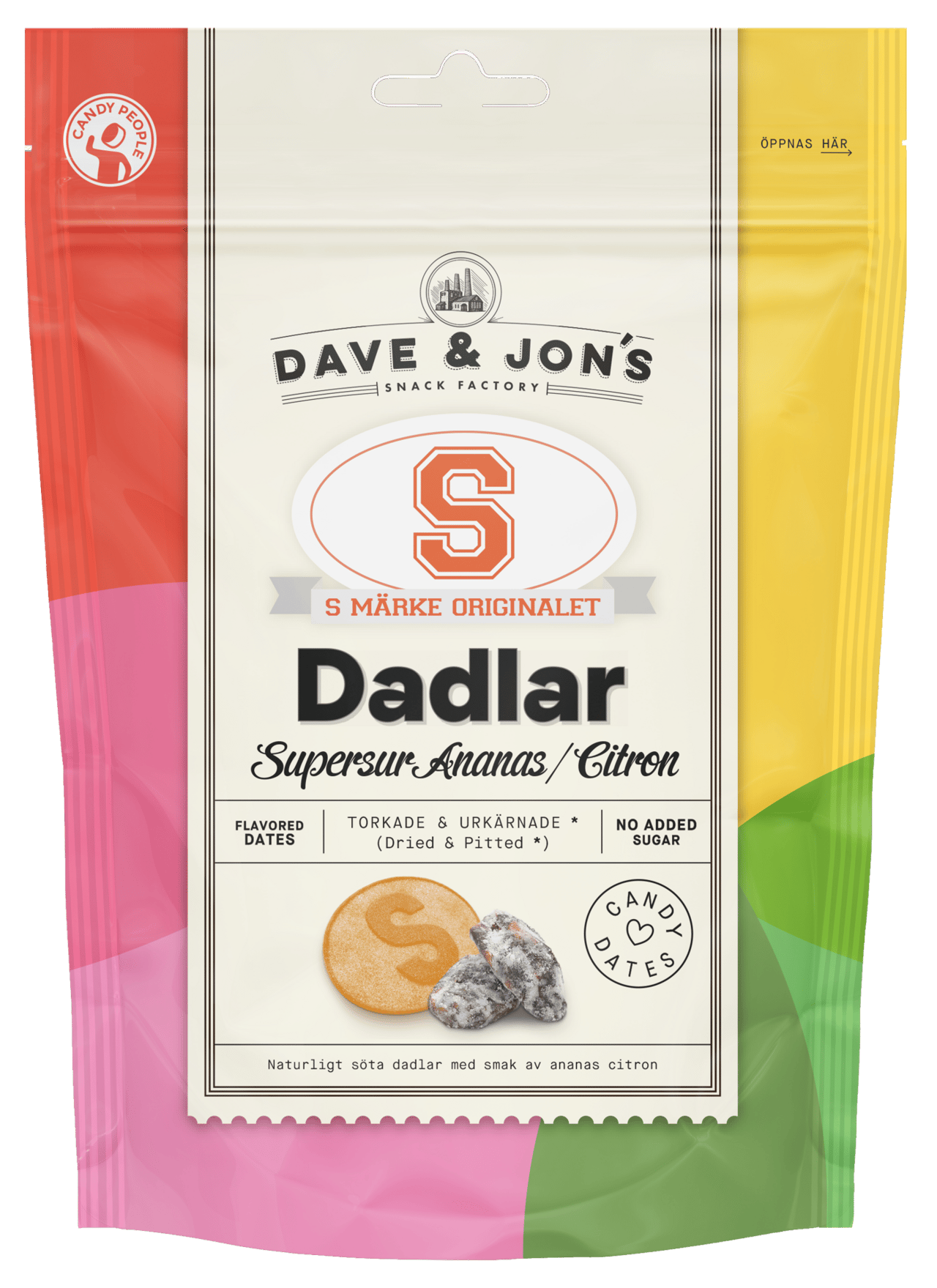 Dave & Jon's Dadlar S-märke Supersur Ananas/Citron 125 g