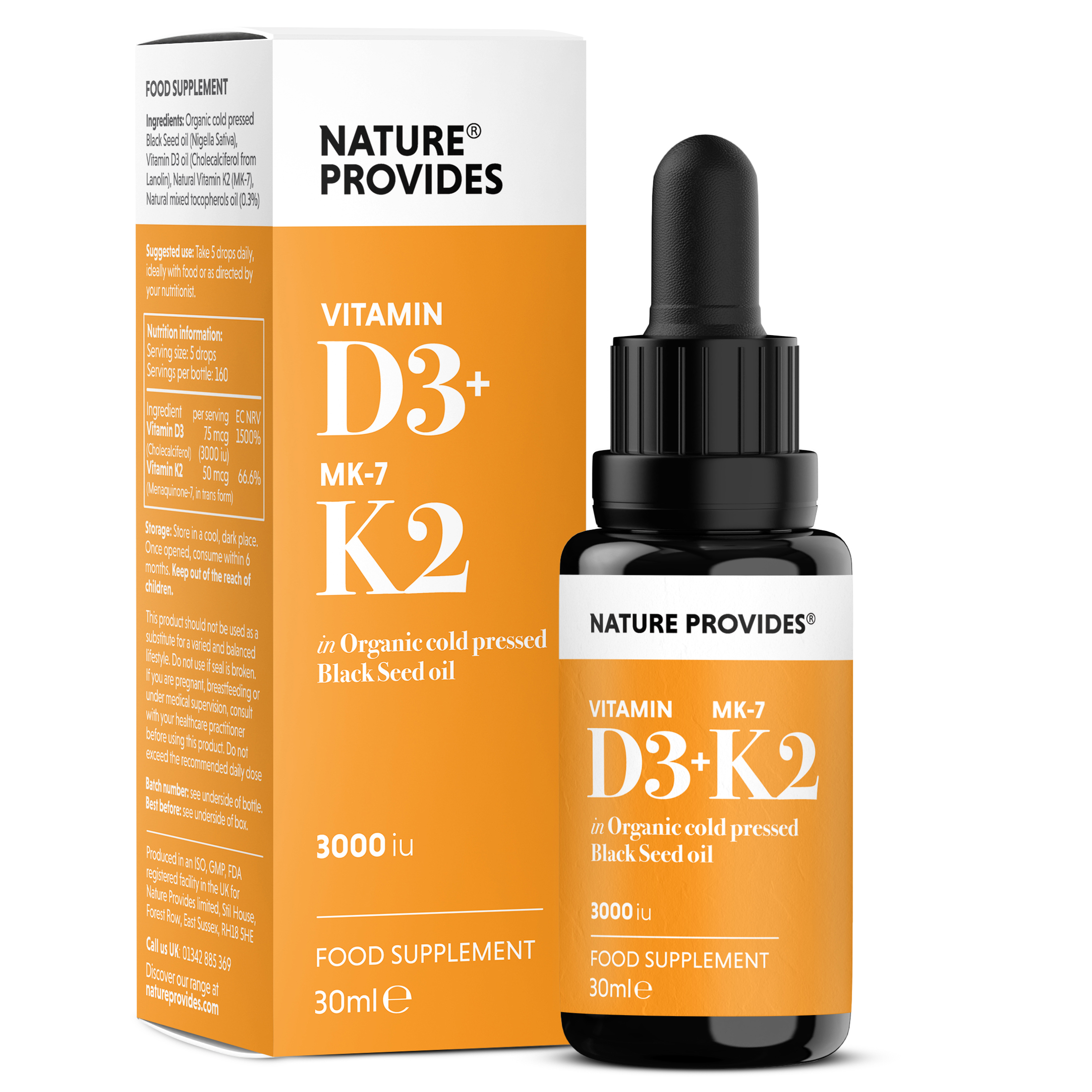 Nature Provides Vitamin D3+K2 in Organic Black Seed Oil 30ml