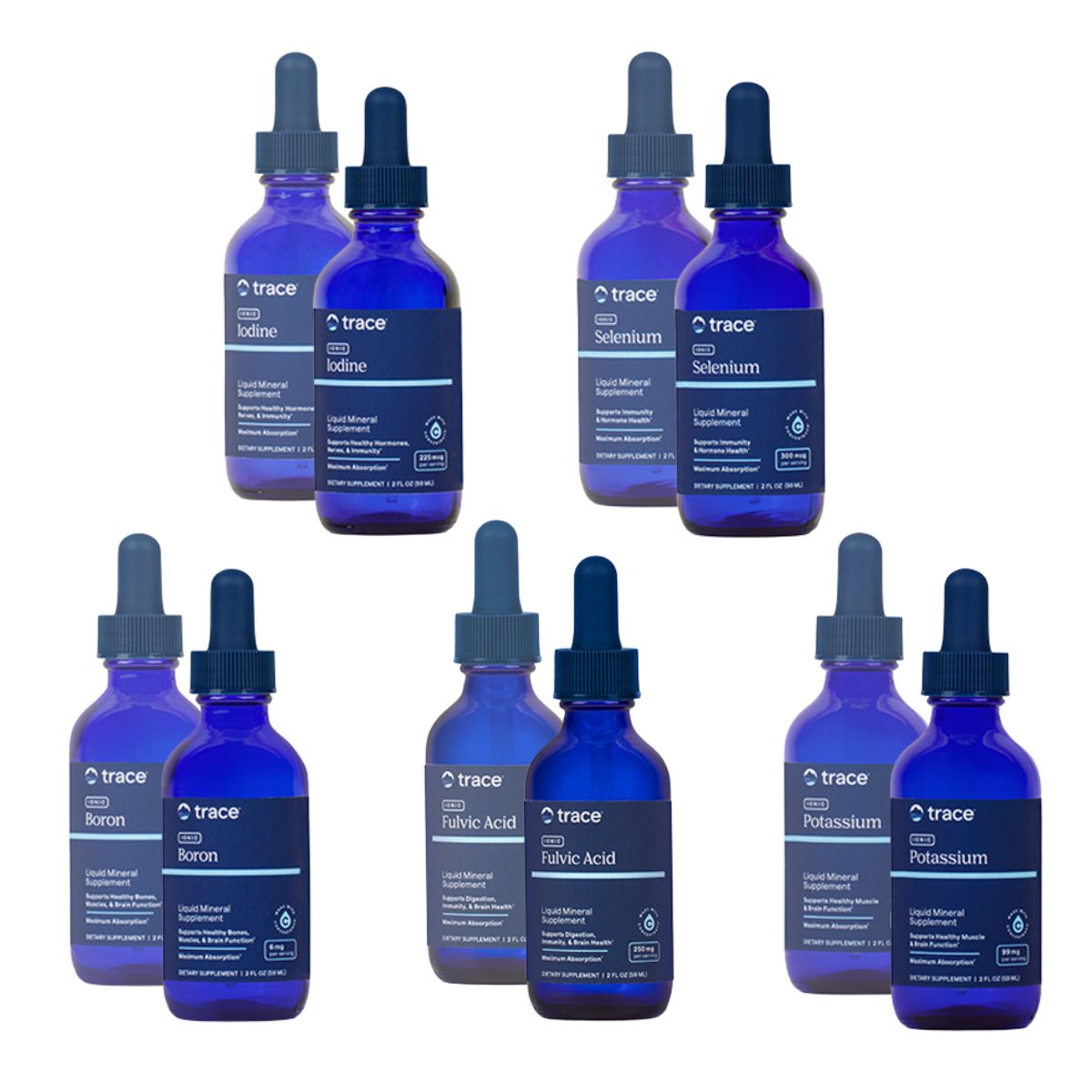 Trace Minerals Startpaket flytande mineraler: Boron, Iodine, Fulvic Acid, Selenium, Potassium, 10 x 59 ml
