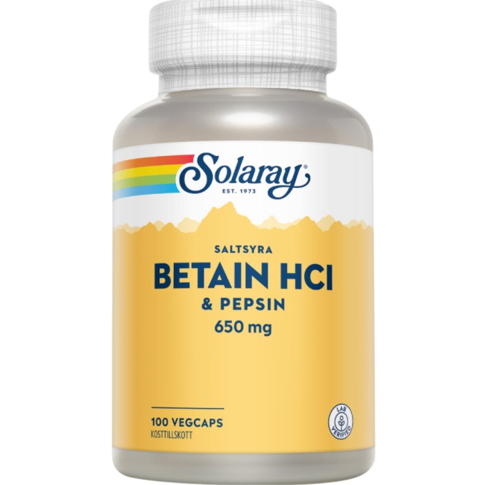 Solaray Betain HCI & Pepsin 100 kapslar
